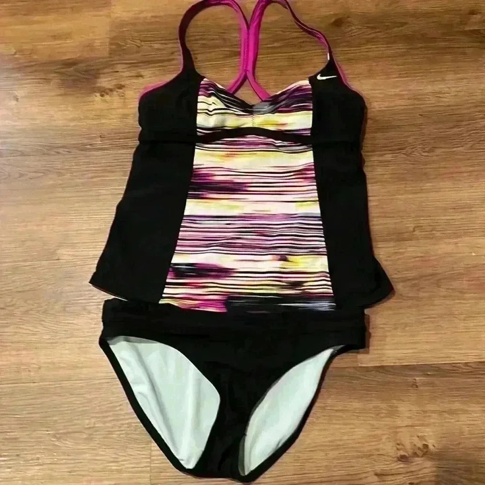 Nike Women’s Black Tankini with Pink, Yellow and White Stripe Panel